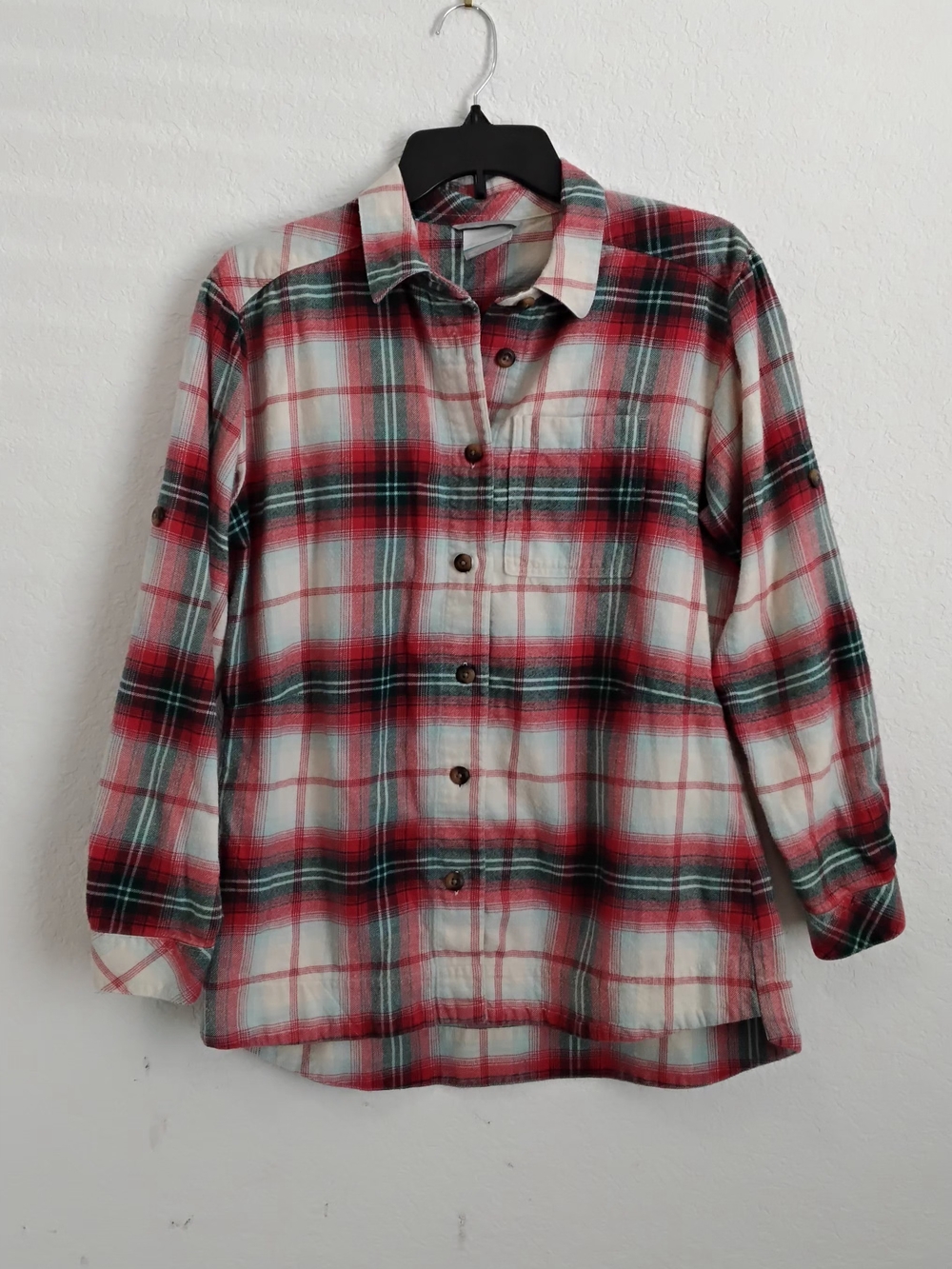 Columbia Women's Holly Hideaway Flannel Shirt Size Medium Red White Black